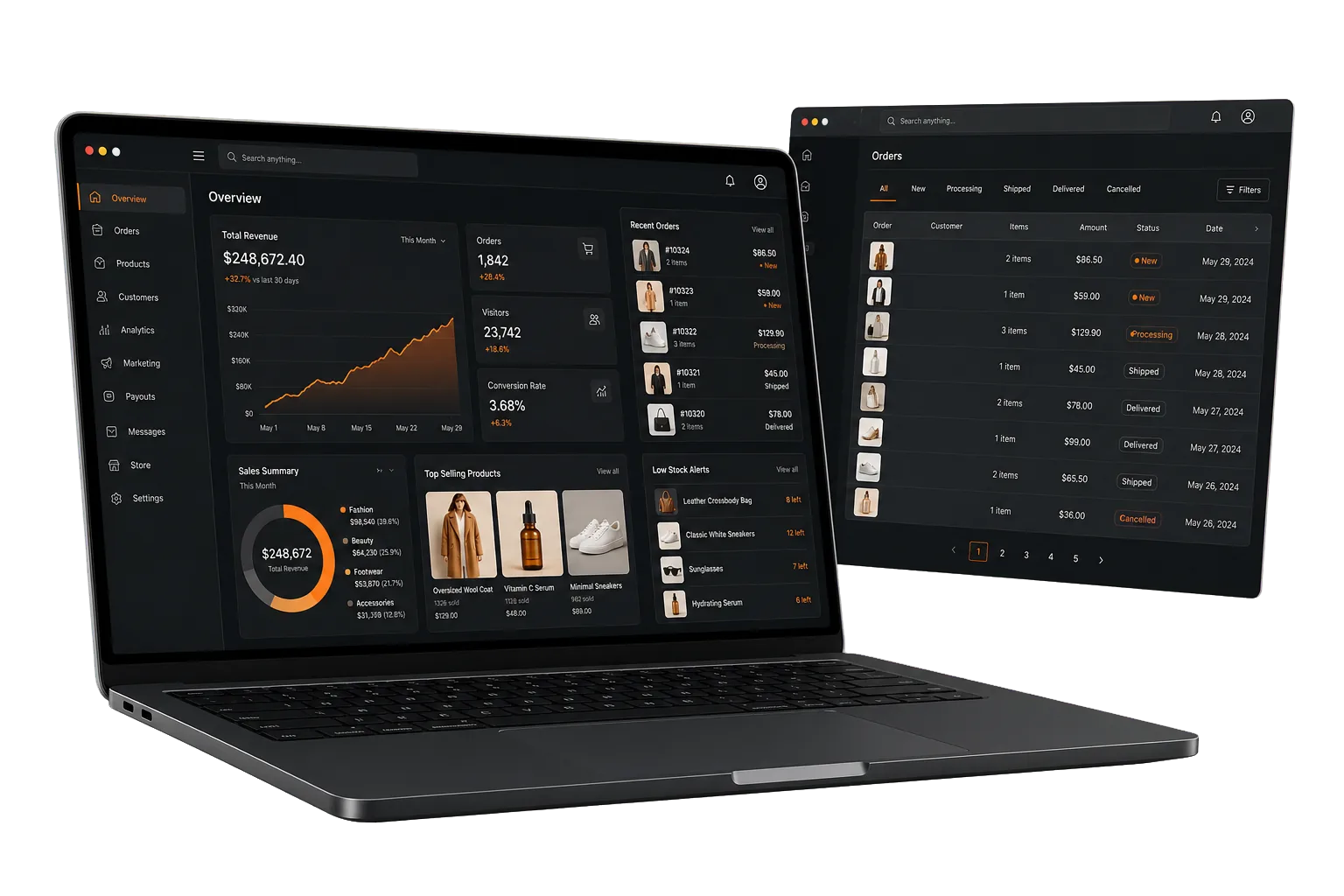Seller analytics and order management dashboard